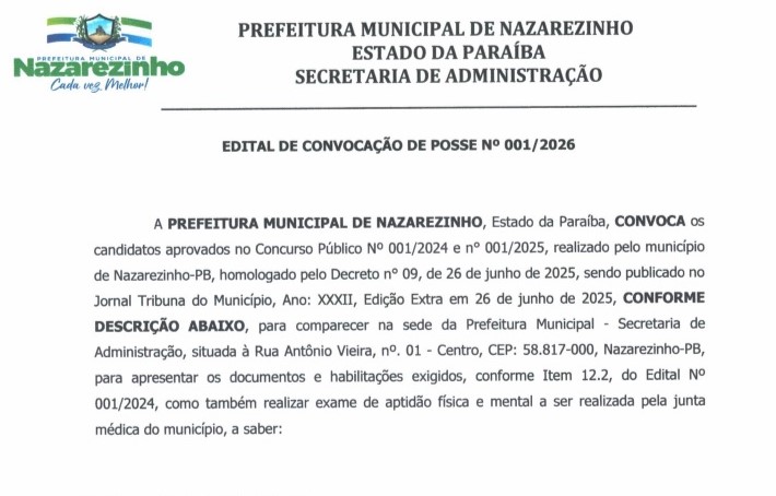 EDITAL DE CONVOCAÇÃO DE POSSE N° 001/2026